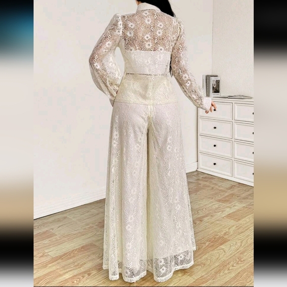 Women's Elegant Tie Front Lace Loose Pants 2 Piece Set, For Party - Picture 2 of 5